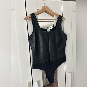 Women’s Blue Rain by Francesca’s Black Faux-Leather Bodysuit